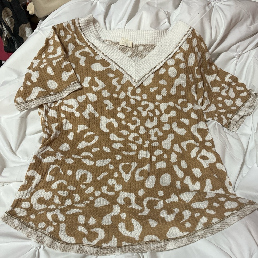 BiBi Tan and White Leopard Print Blouse